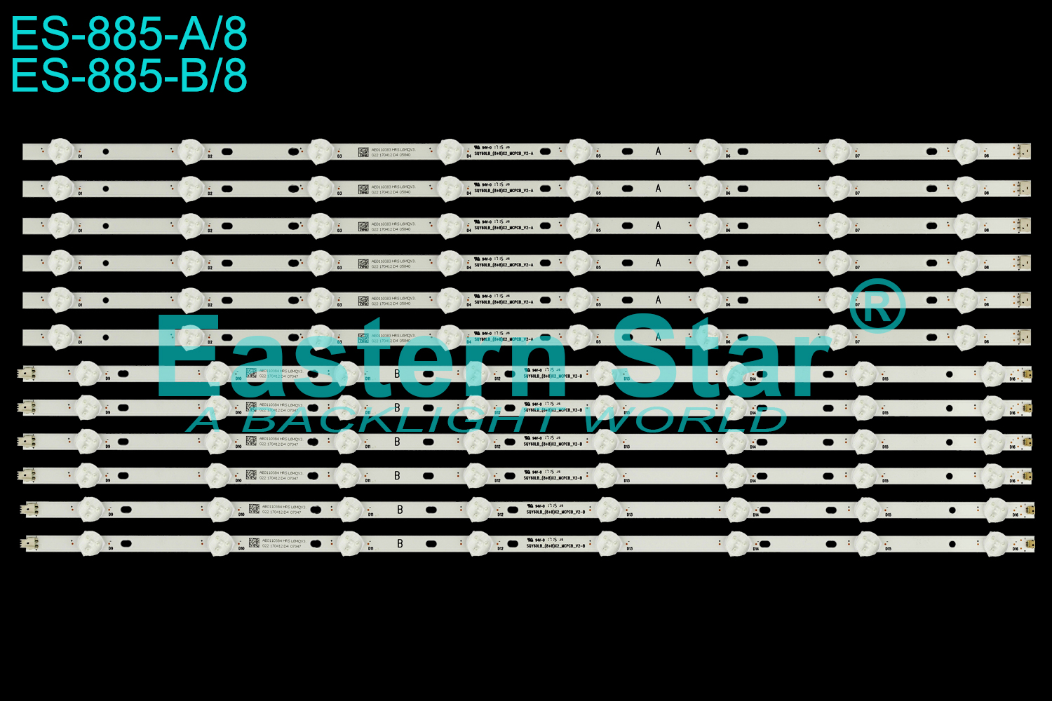 ES-885 LED TV Backlight use for Rca 60'' TV RLED6090 AE0110383 SQY60LB(8+8)X2_MCPCB_V2-A/B LED STRIPS(12)