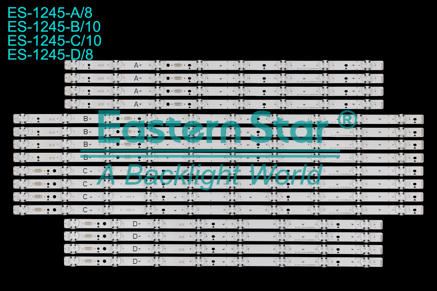 ES-1245 LED TV Backlight use for 55" Lg  A:55" V19 UNB 3266 Rev0.1 2 B:55" V19 UNB 3267 Rev0.1 2 C:55" V19 UNB 3268 Rev0.1 2 D:55" V19 UNB 3269 Rev0.1 2  LED BACKLIGHT STRIP(16)